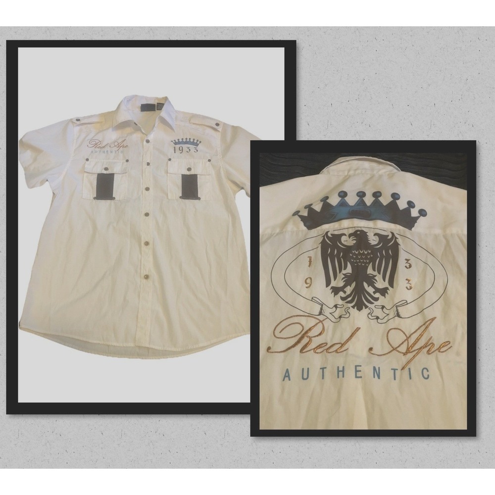 Red Ape Authentic Mens Short Sleeve Button Down White Graphic Shirt Eagle Crown